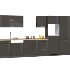 Küchenzeile Ragnar 360cm mit Platz für Kühl-Gefrierkombination, Backofen und Geschirrspüler - Hochglanz anthrazit