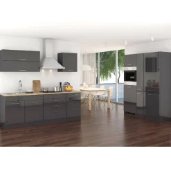 Küchenzeile Ragnar 380cm mit Platz für Kühl-Gefrierkombination und Backofen - Hochglanz anthrazit