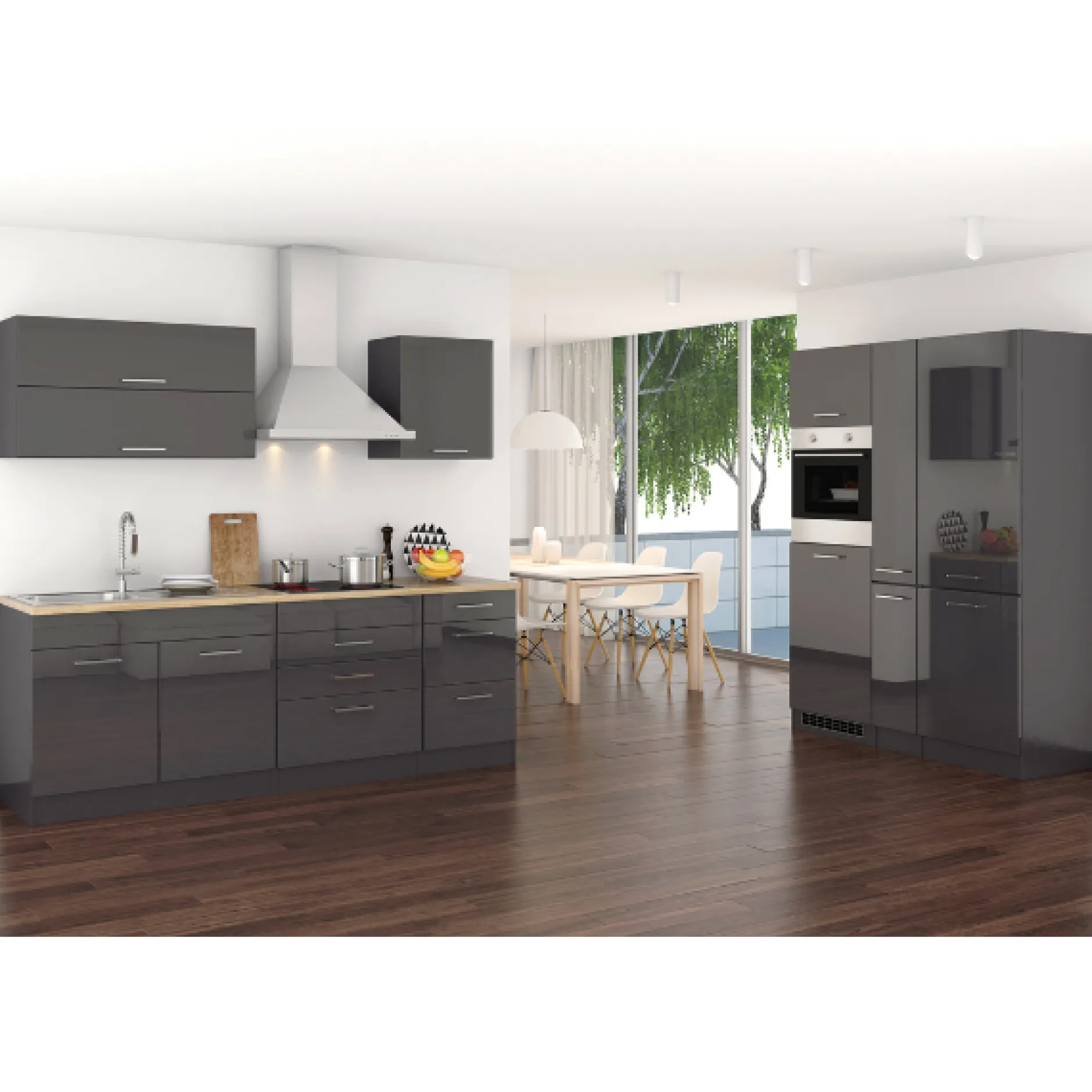Küchenzeile Ragnar 380cm mit Platz für Kühl-Gefrierkombination und Backofen - Hochglanz anthrazit