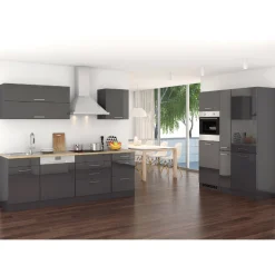 Küchenzeile Ragnar 390cm mit Platz für Kühl-Gefrierkombination, Backofen und Geschirrspüler - Hochglanz anthrazit