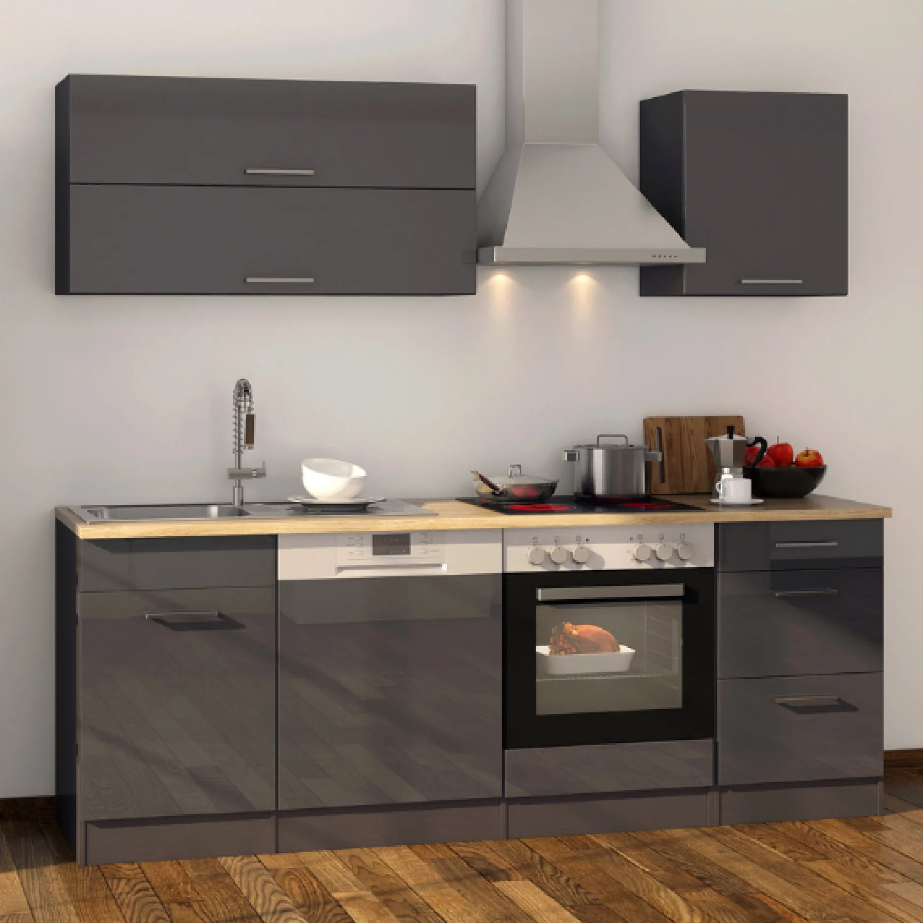 Küchenzeile Ragnar 220cm mit Platz für Backofen und Geschirrspüler - Hochglanz anthrazit