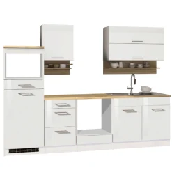 Küchenzeile Ragnar 270cm mit Platz für Mikrowelle, Kühlschrank und Backofen - hochglänzend weiß
