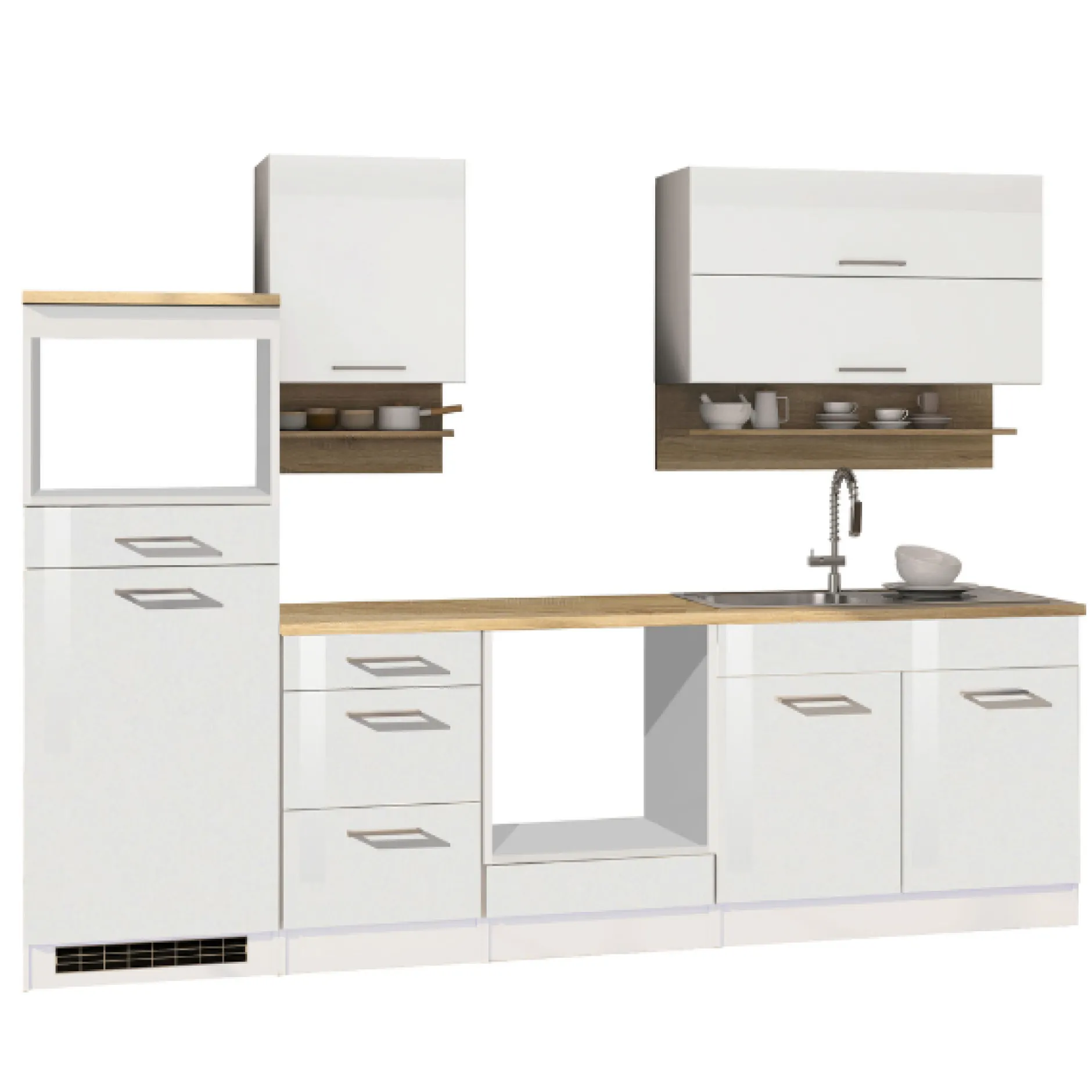Küchenzeile Ragnar 270cm mit Platz für Mikrowelle, Kühlschrank und Backofen - hochglänzend weiß