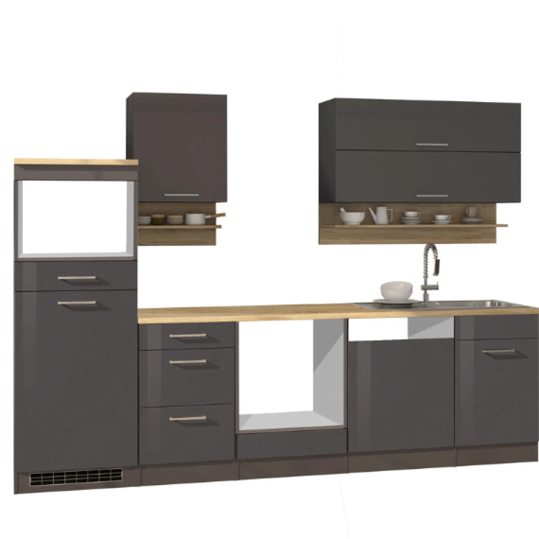 Küchenzeile Ragnar 280cm mit Platz für Mikrowelle, Kühlschrank, Backofen und Geschirrspüler - anthrazit hochglanz