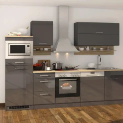 Küchenzeile Ragnar 280cm mit Platz für Mikrowelle, Kühlschrank, Backofen und Geschirrspüler - anthrazit hochglanz