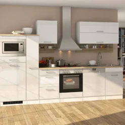 Küchenzeile Ragnar 310cm mit Platz für Mikrowelle, Kühlschrank, Backofen und Geschirrspüler - Hochglanz weiß