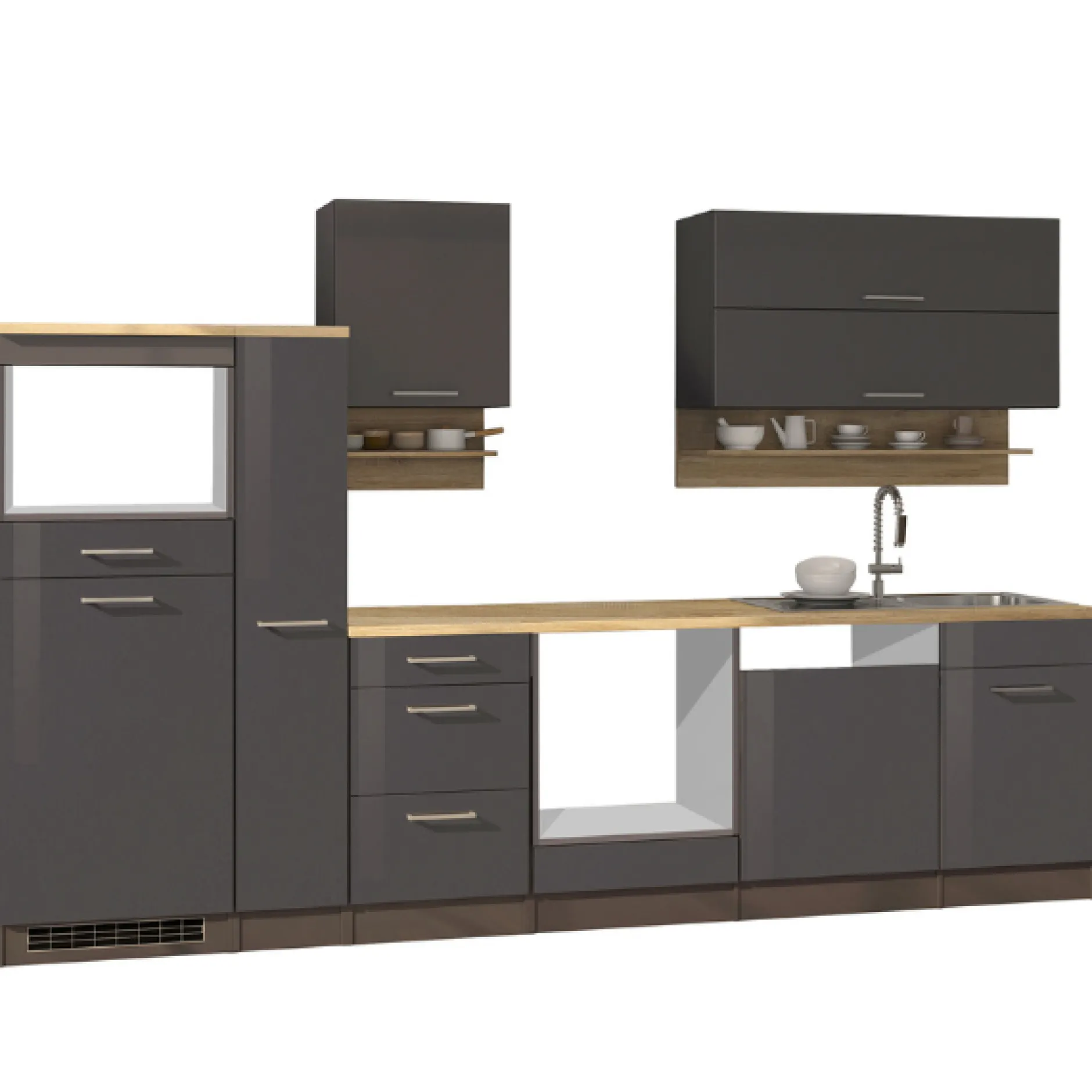 Küchenzeile Ragnar 310cm mit Platz für Mikrowelle, Kühlschrank, Backofen und Geschirrspüler - anthrazit hochglanz