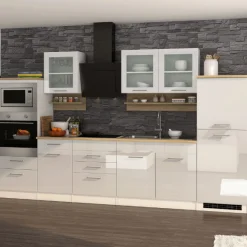 Küchenzeile Ragnar 330cm mit Platz für Backofen, Mikrowelle und Kühlschrank - hochglänzend weiß