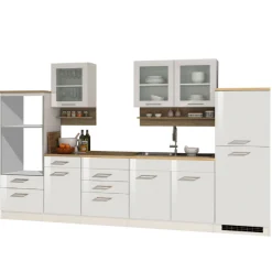 Küchenzeile Ragnar 330cm mit Platz für Backofen, Mikrowelle und Kühlschrank - hochglänzend weiß