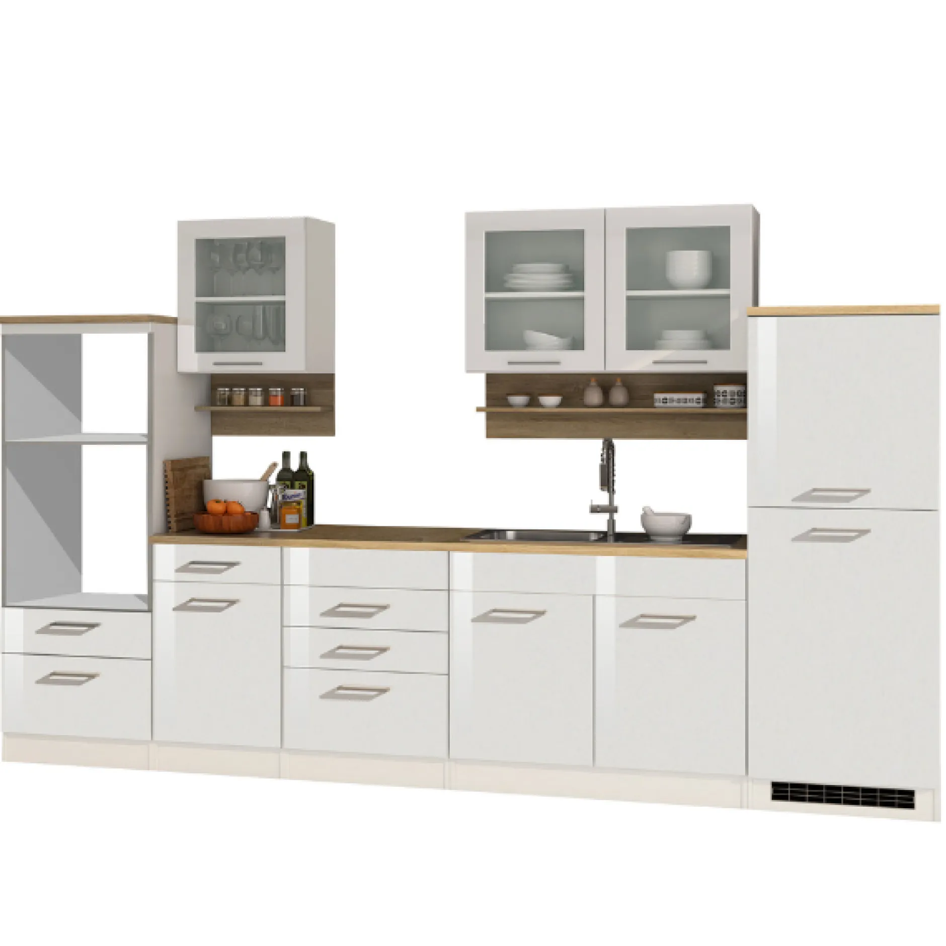 Küchenzeile Ragnar 330cm mit Platz für Backofen, Mikrowelle und Kühlschrank - hochglänzend weiß