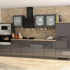 Küchenzeile Ragnar 330cm mit Platz für Backofen, Mikrowelle und Kühlschrank - Hochglanz anthrazit