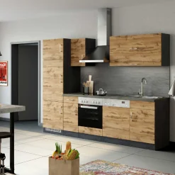 Küchenzeile Sorrella 270cm mit Backofen, Geschirrspüler und Kühlschrank - Eiche/Graphit