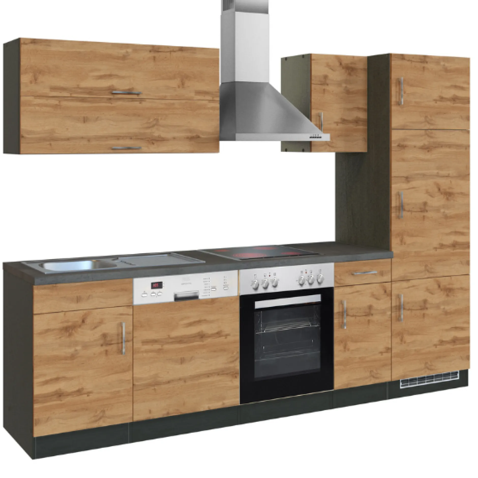 Küchenzeile Sorrella 270cm mit Backofen, Geschirrspüler und Kühlschrank - Eiche/Graphit