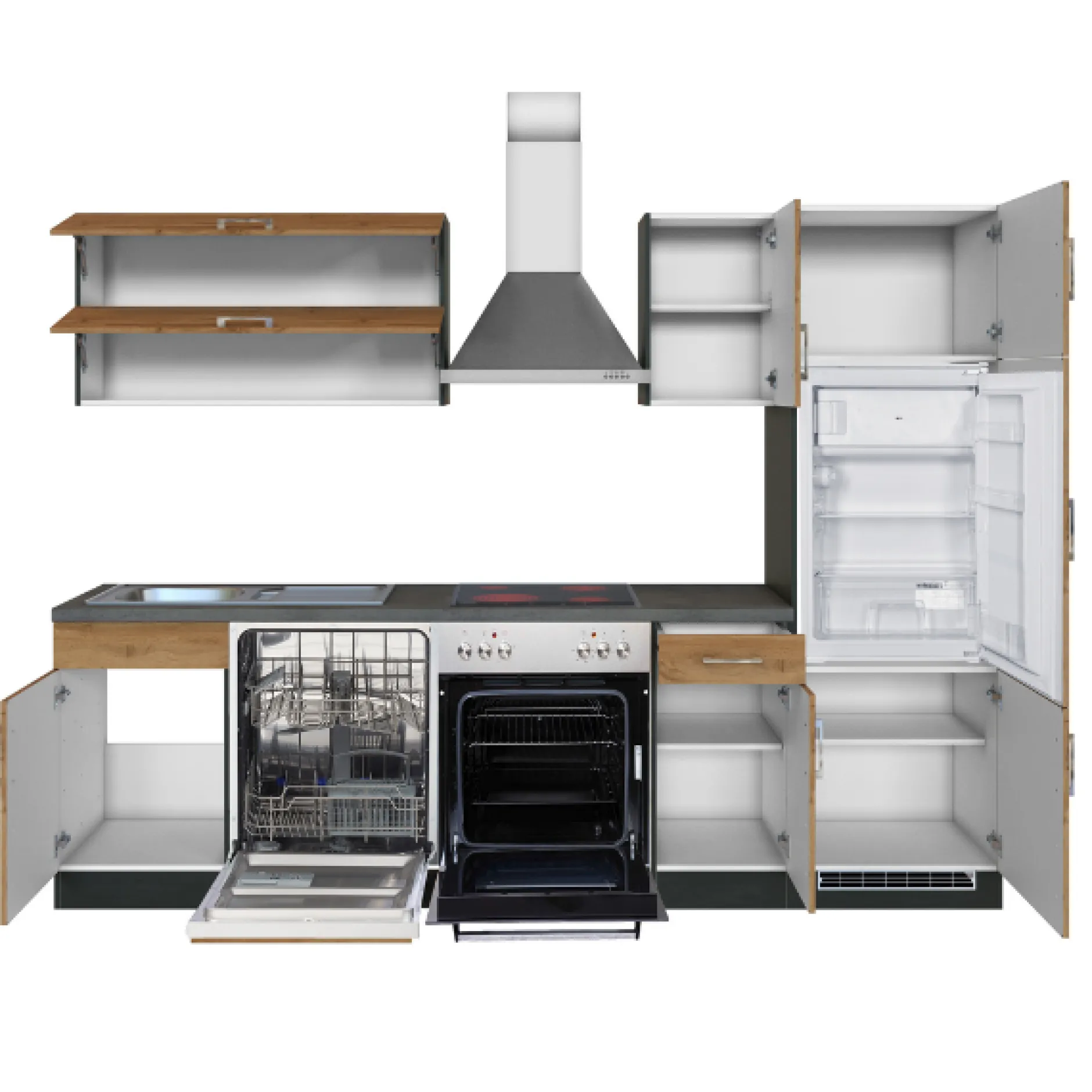 Küchenzeile Sorrella 270cm mit Backofen, Geschirrspüler und Kühlschrank - Eiche/Graphit