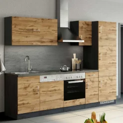 Küchenzeile Sorrella 270cm mit Backofen, Geschirrspüler und Kühlschrank - Eiche/Graphit