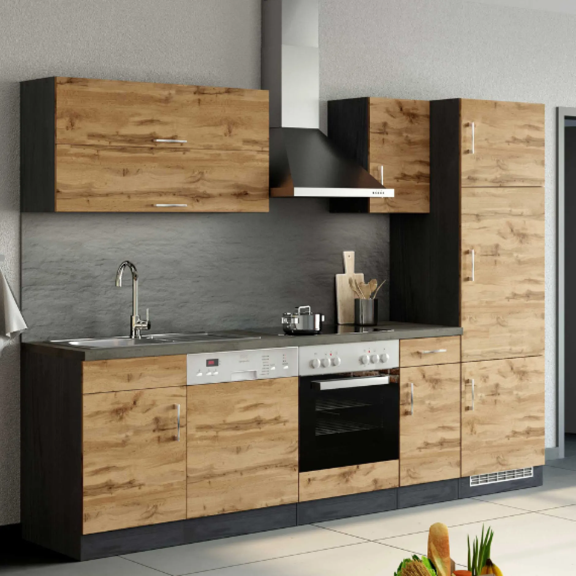 Küchenzeile Sorrella 270cm mit Backofen, Geschirrspüler und Kühlschrank - Eiche/Graphit