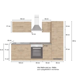 Küchenzeile Sorrella 270cm mit Backofen und Kühlschrank - weiß/Eiche