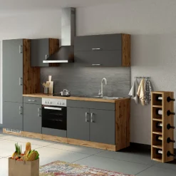 Küchenzeile Sorrella 270cm mit Backofen und Kühlschrank - anthrazit/ocker