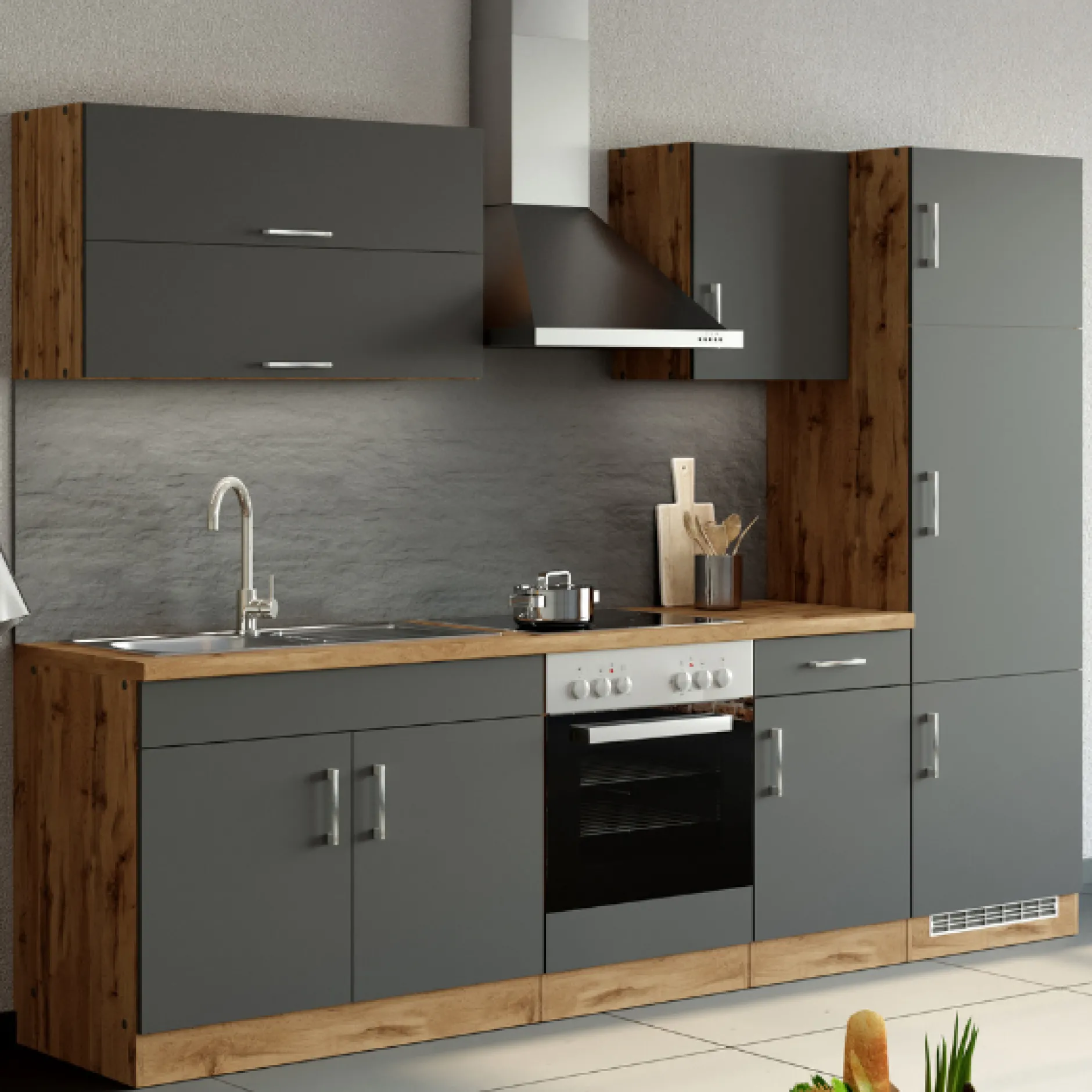 Küchenzeile Sorrella 270cm mit Backofen und Kühlschrank - anthrazit/ocker