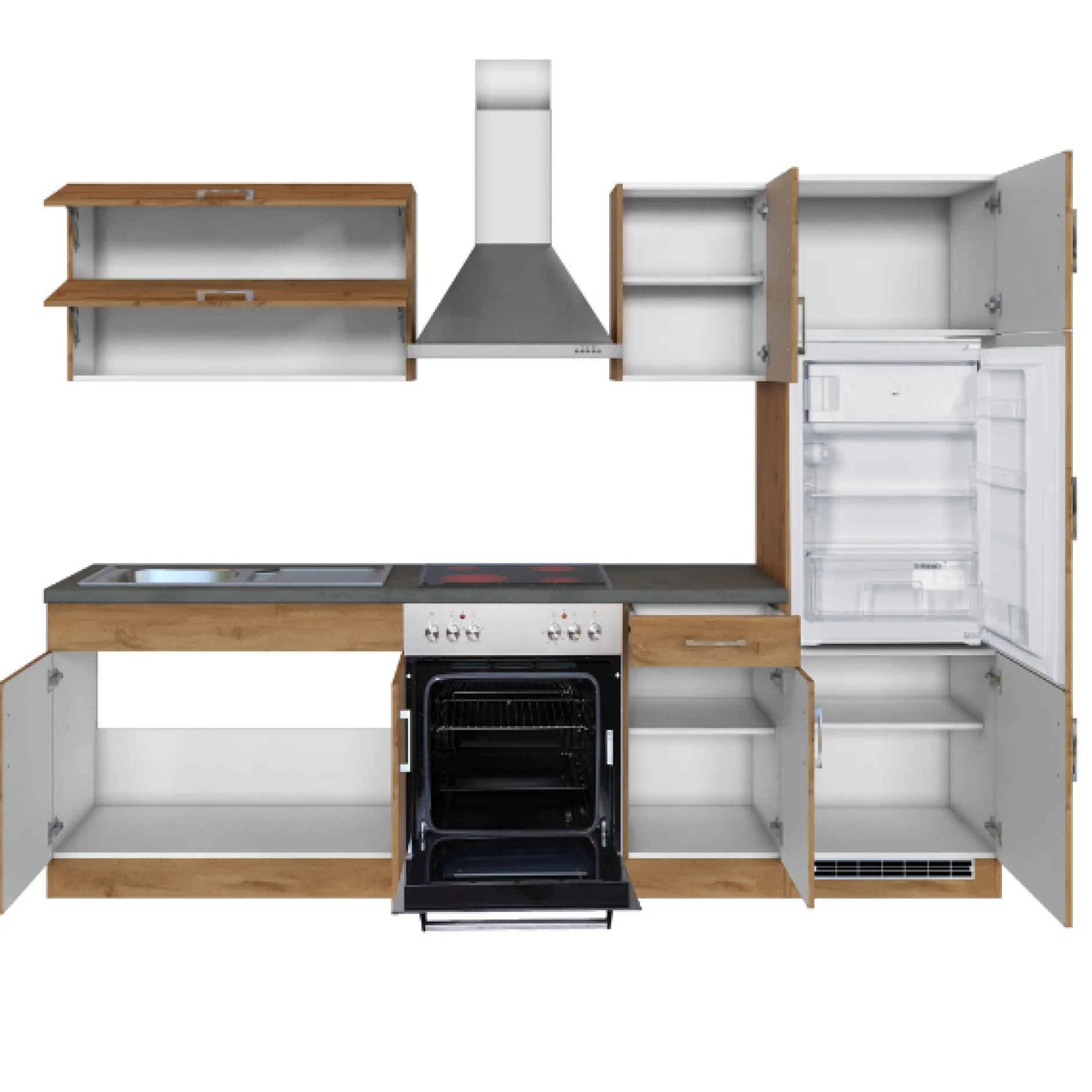 Küchenzeile Sorrella 270cm mit Backofen und Kühlschrank - Eiche