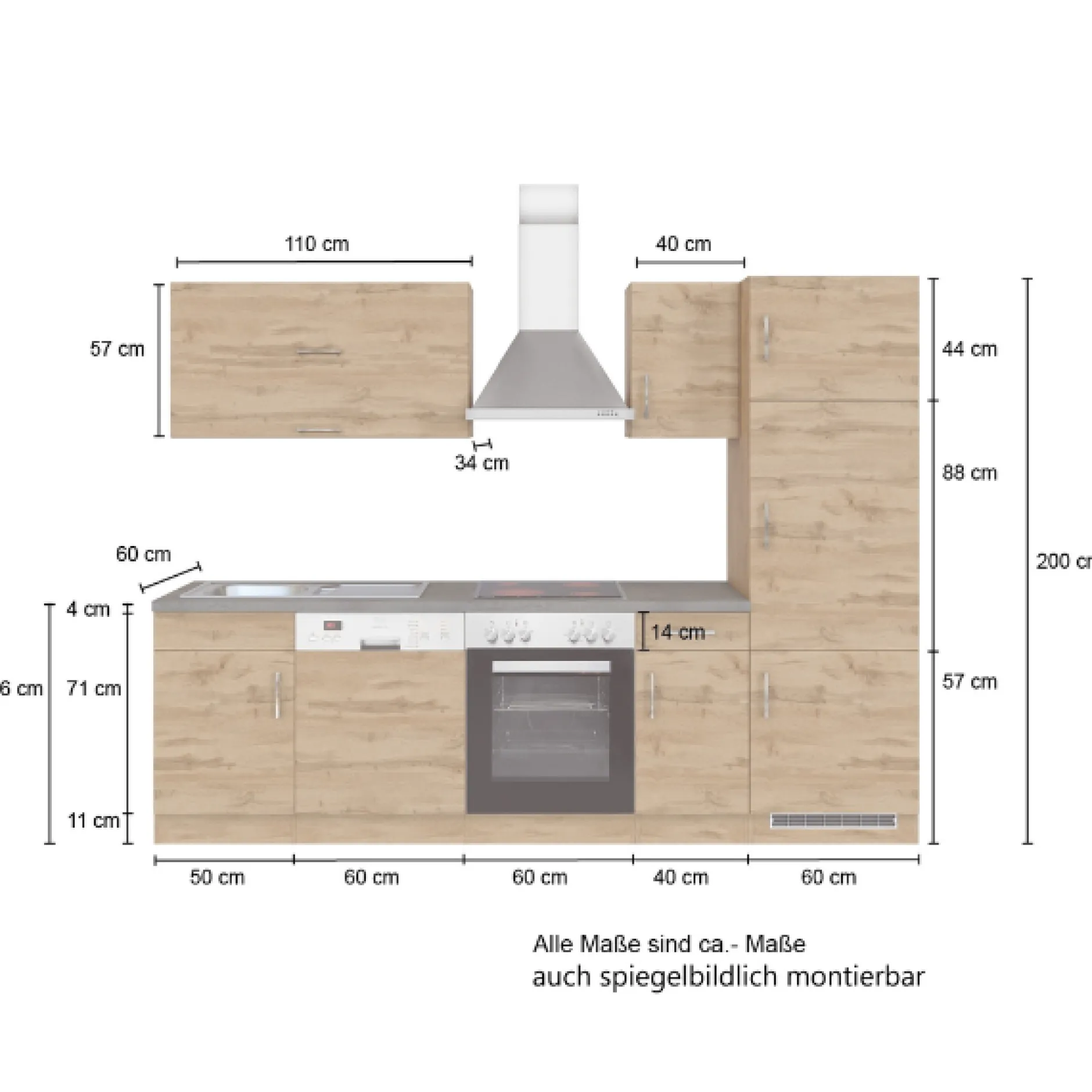 Küchenzeile Sorrella 270cm mit Backofen, Geschirrspüler und Kühlschrank - weiß/Eiche