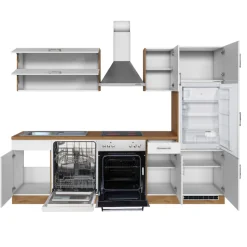 Küchenzeile Sorrella 270cm mit Backofen, Geschirrspüler und Kühlschrank - weiß/Eiche