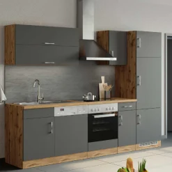 Küchenzeile Sorrella 270cm mit Backofen, Geschirrspüler und Kühlschrank - anthrazit/ocker