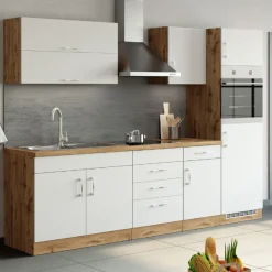 Küchenzeile Sorrella 270cm mit Backofen und Kühlschrank - weiß/Eiche