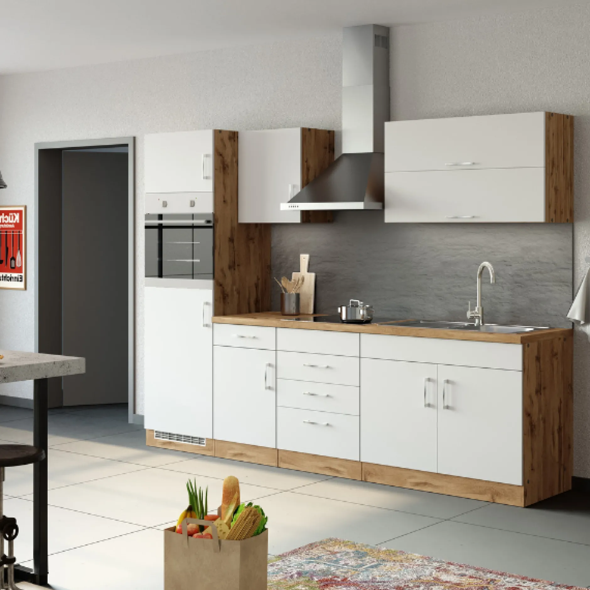 Küchenzeile Sorrella 270cm mit Backofen und Kühlschrank - weiß/Eiche