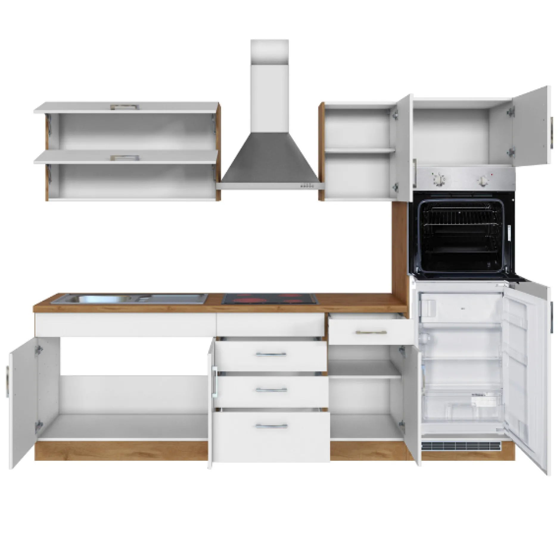 Küchenzeile Sorrella 270cm mit Backofen und Kühlschrank - weiß/Eiche