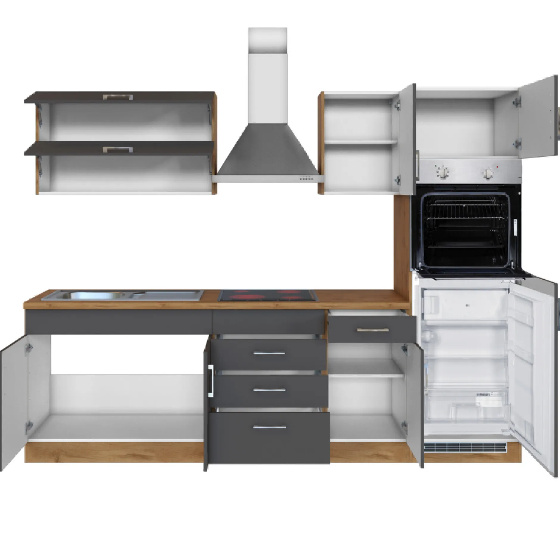 Küchenzeile Sorrella 270cm mit Backofen und Kühlschrank - anthrazit/ocker