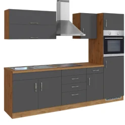 Küchenzeile Sorrella 270cm mit Backofen und Kühlschrank - anthrazit/ocker