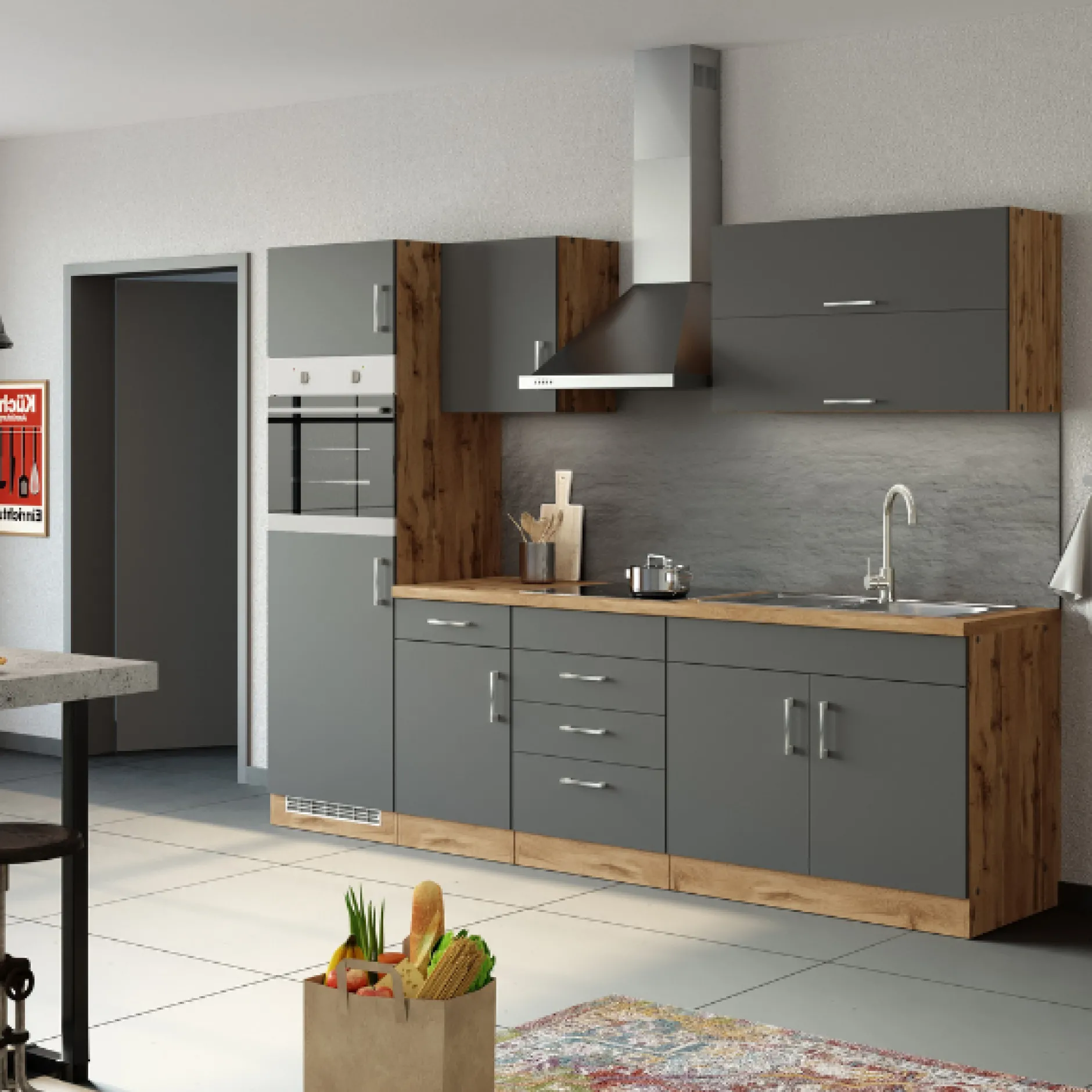 Küchenzeile Sorrella 270cm mit Backofen und Kühlschrank - anthrazit/ocker