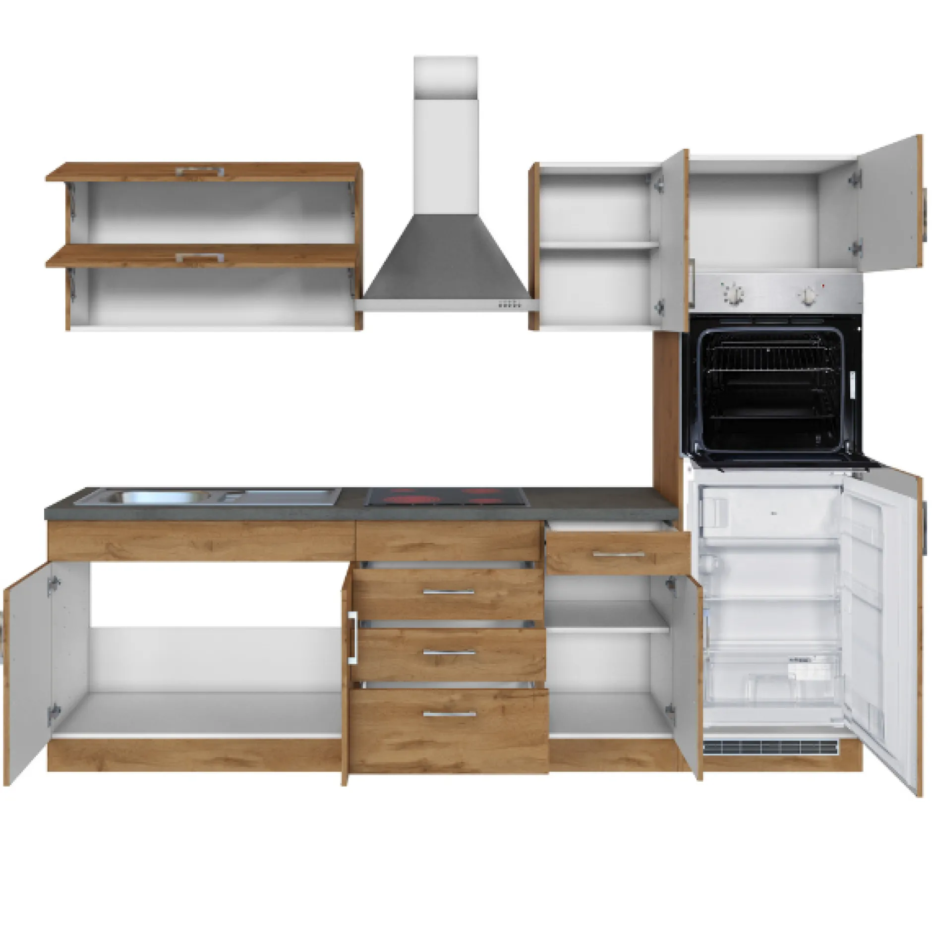 Küchenzeile Sorrella 270cm mit Backofen und Kühlschrank - Eiche