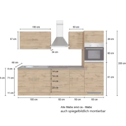 Küchenzeile Sorrella 270cm mit Backofen und Kühlschrank - Eiche
