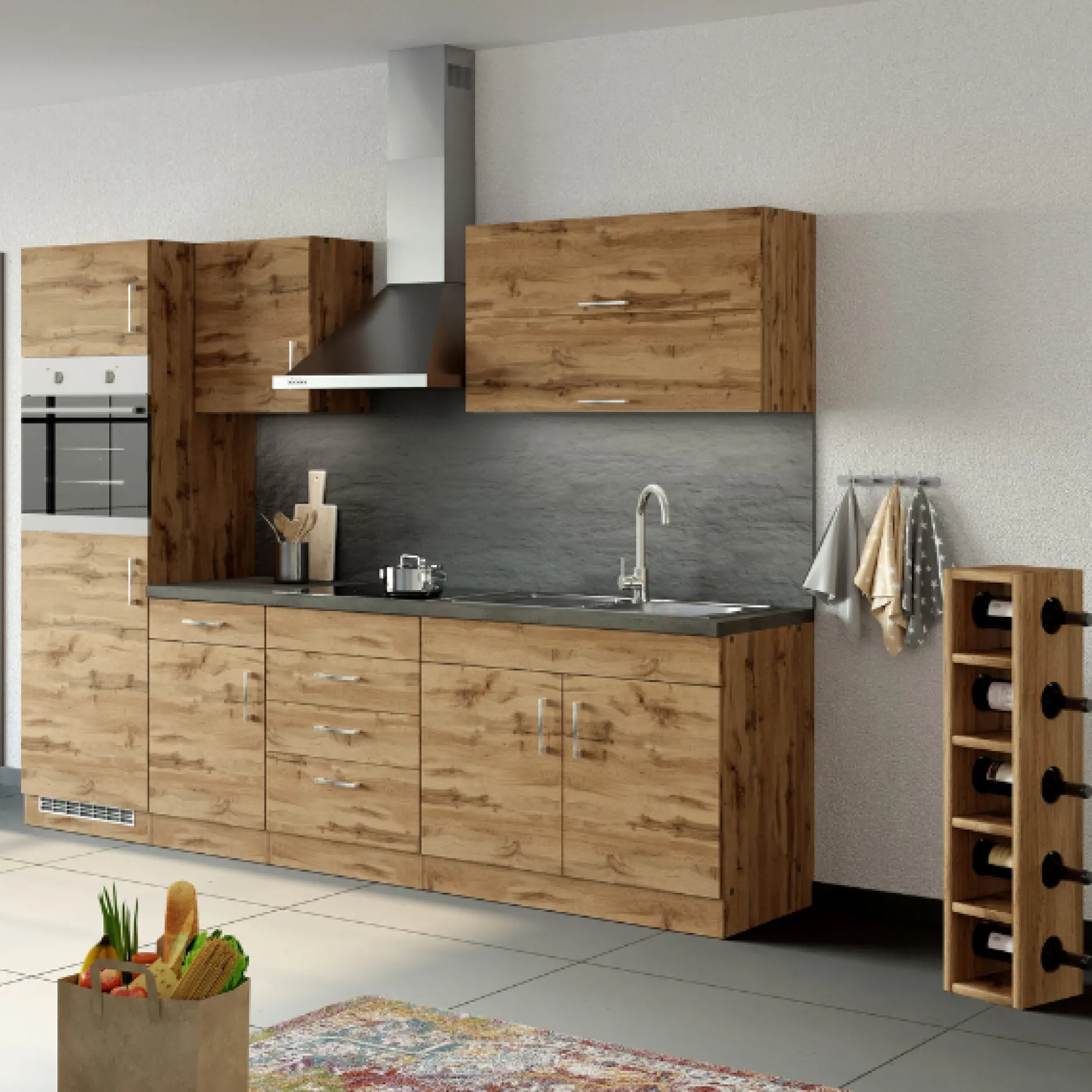 Küchenzeile Sorrella 270cm mit Backofen und Kühlschrank - Eiche