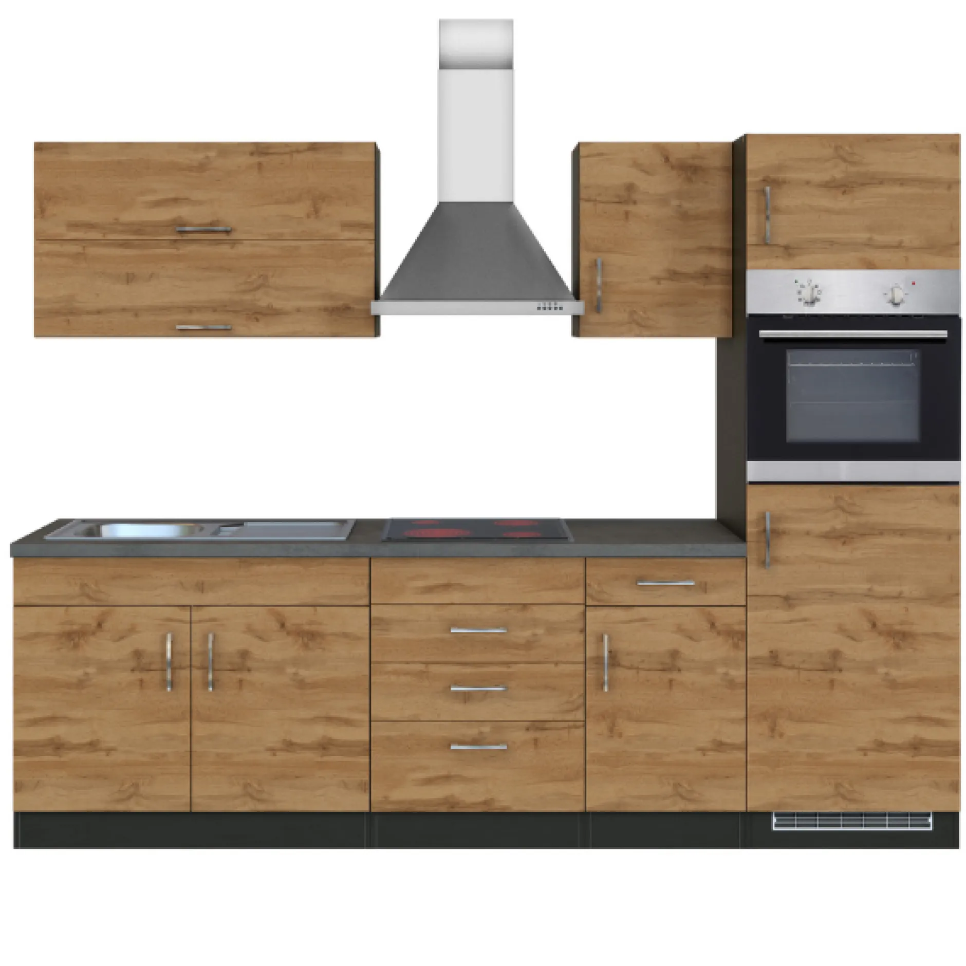 Küchenzeile Sorrella 270cm mit Backofen und Kühlschrank - Eiche/Graphit
