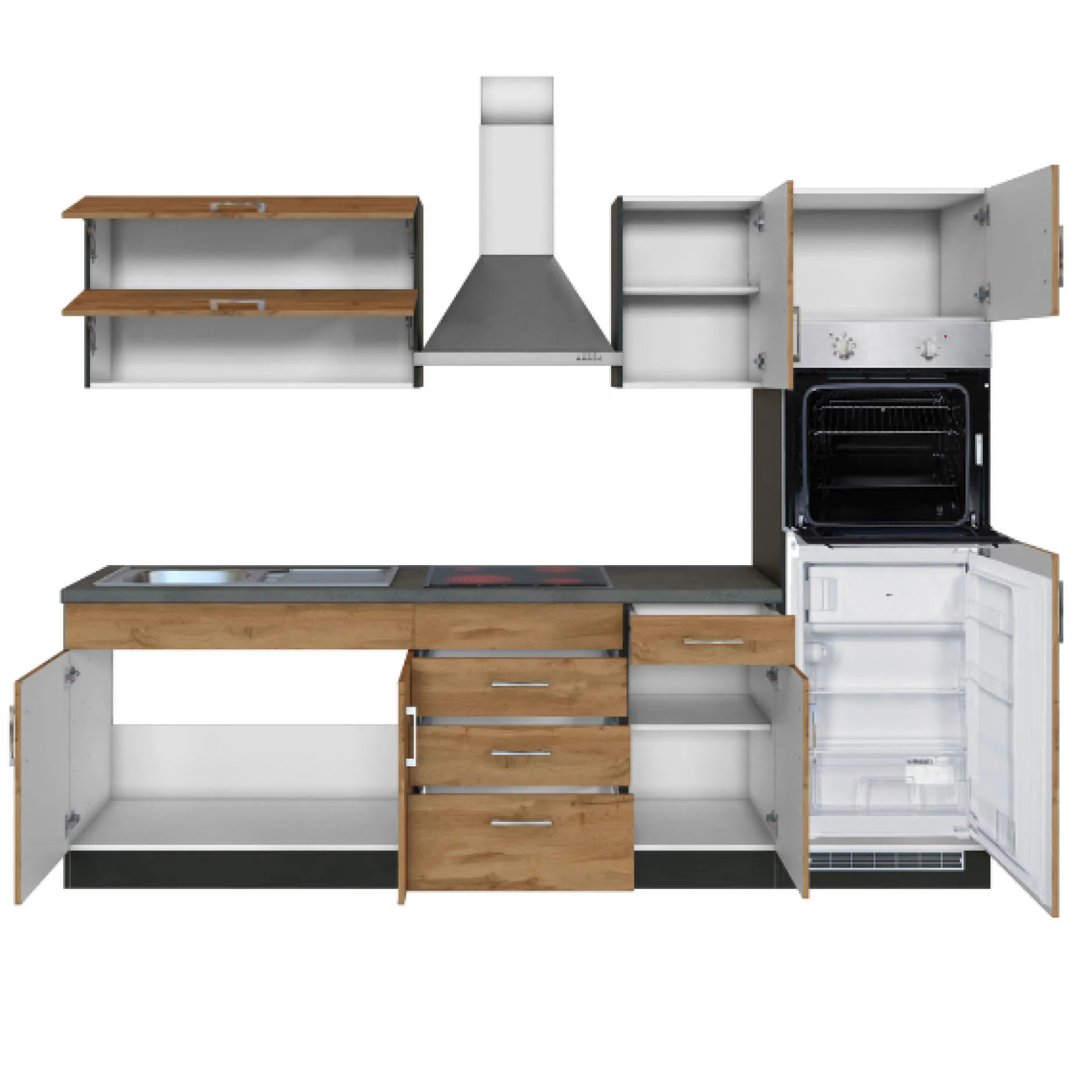 Küchenzeile Sorrella 270cm mit Backofen und Kühlschrank - Eiche/Graphit
