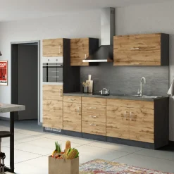 Küchenzeile Sorrella 270cm mit Backofen und Kühlschrank - Eiche/Graphit