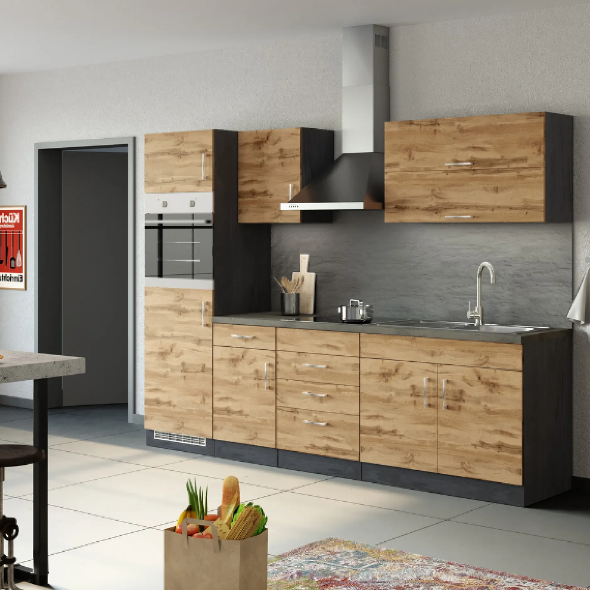 Küchenzeile Sorrella 270cm mit Backofen und Kühlschrank - Eiche/Graphit