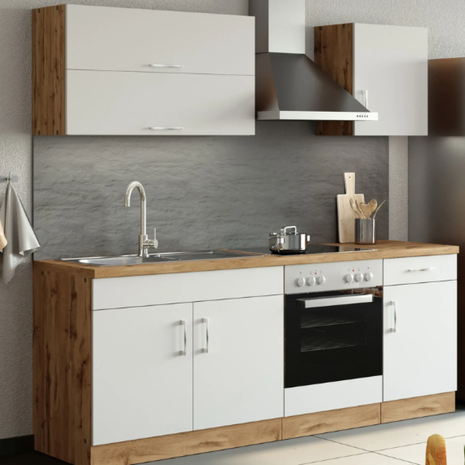 Küchenzeile Sorrella 210cm mit eingebautem Backofen - weiß/Eiche