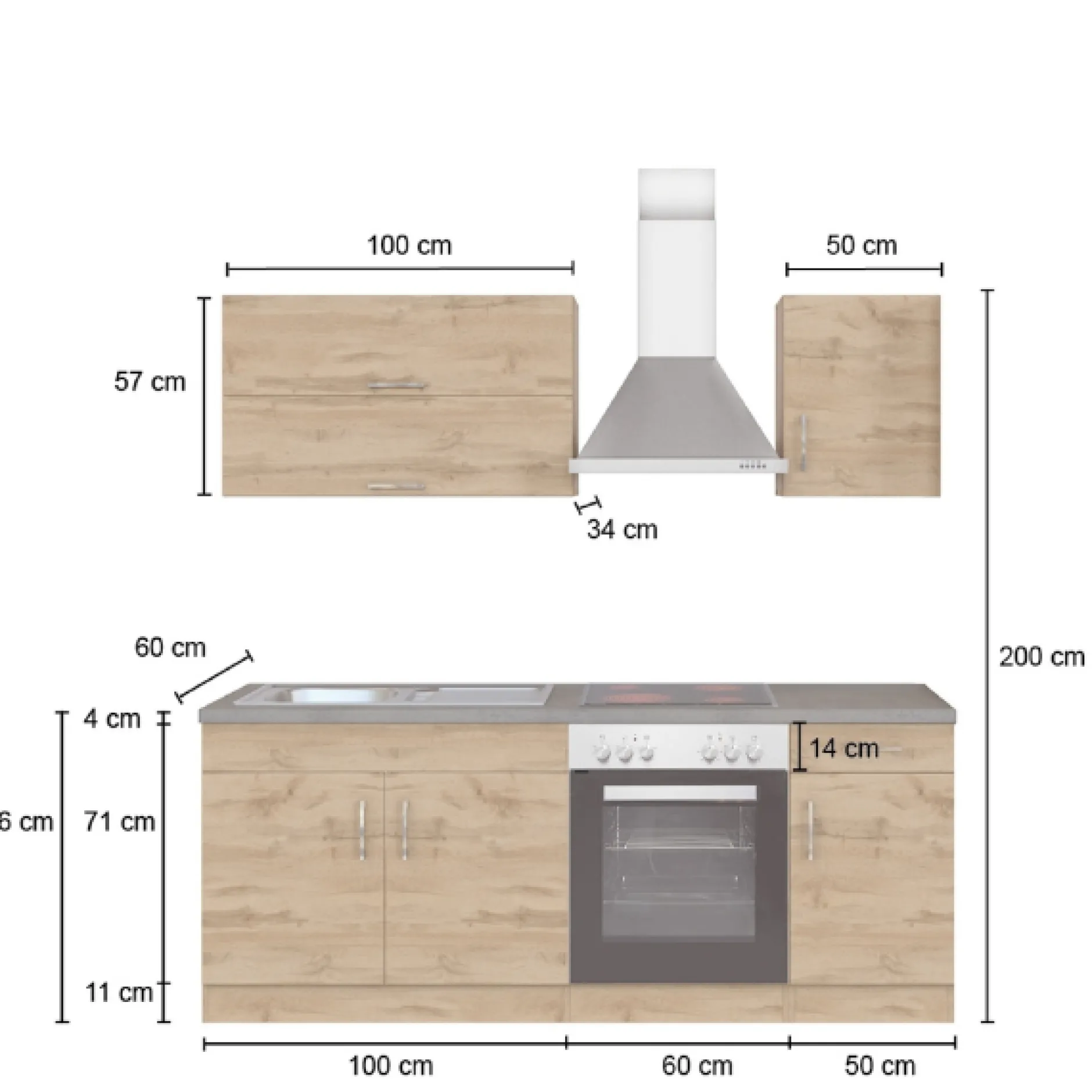 Küchenzeile Sorrella 210cm mit eingebautem Backofen - weiß/Eiche