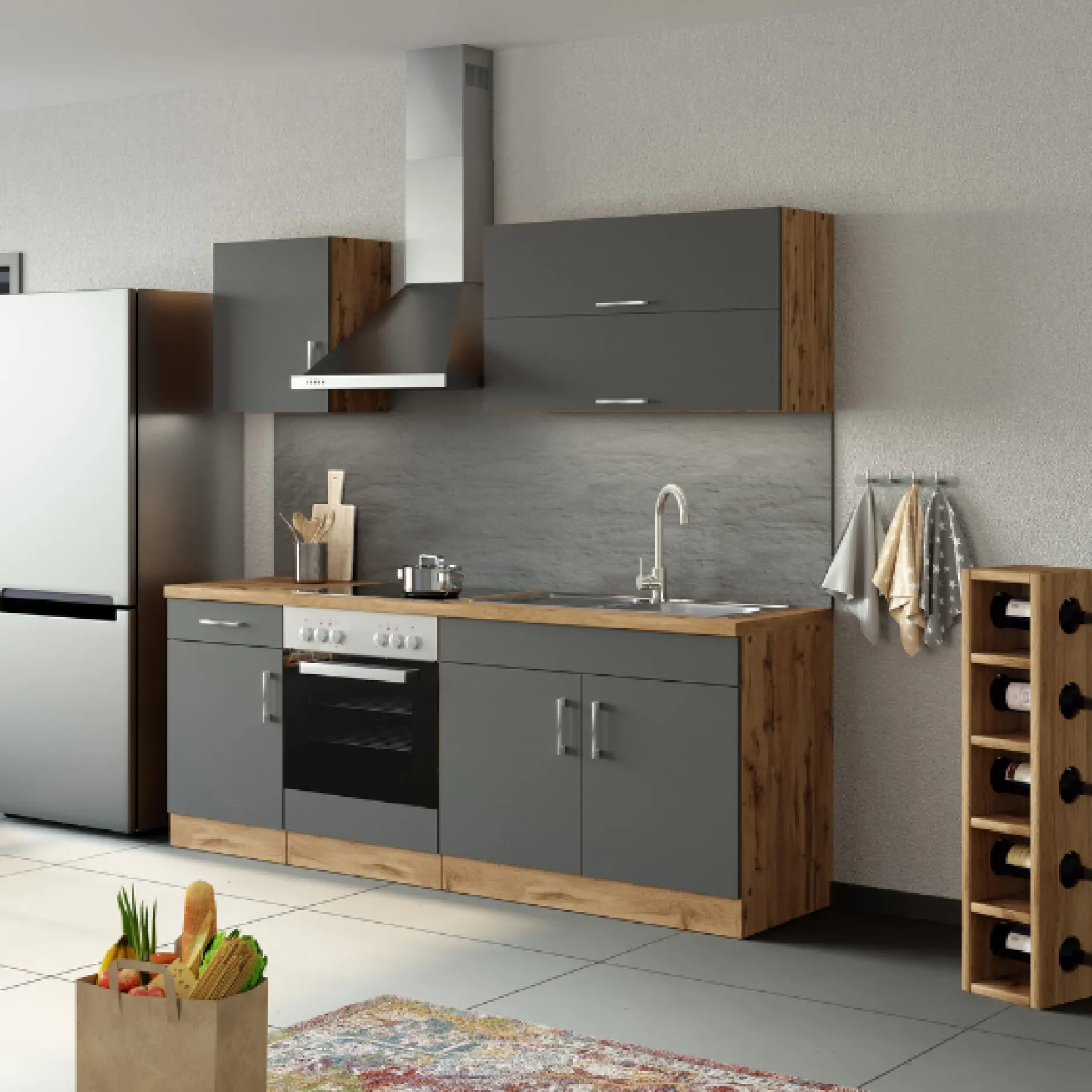 Küchenzeile Sorrella 210cm mit eingebautem Backofen - anthrazit/ocker