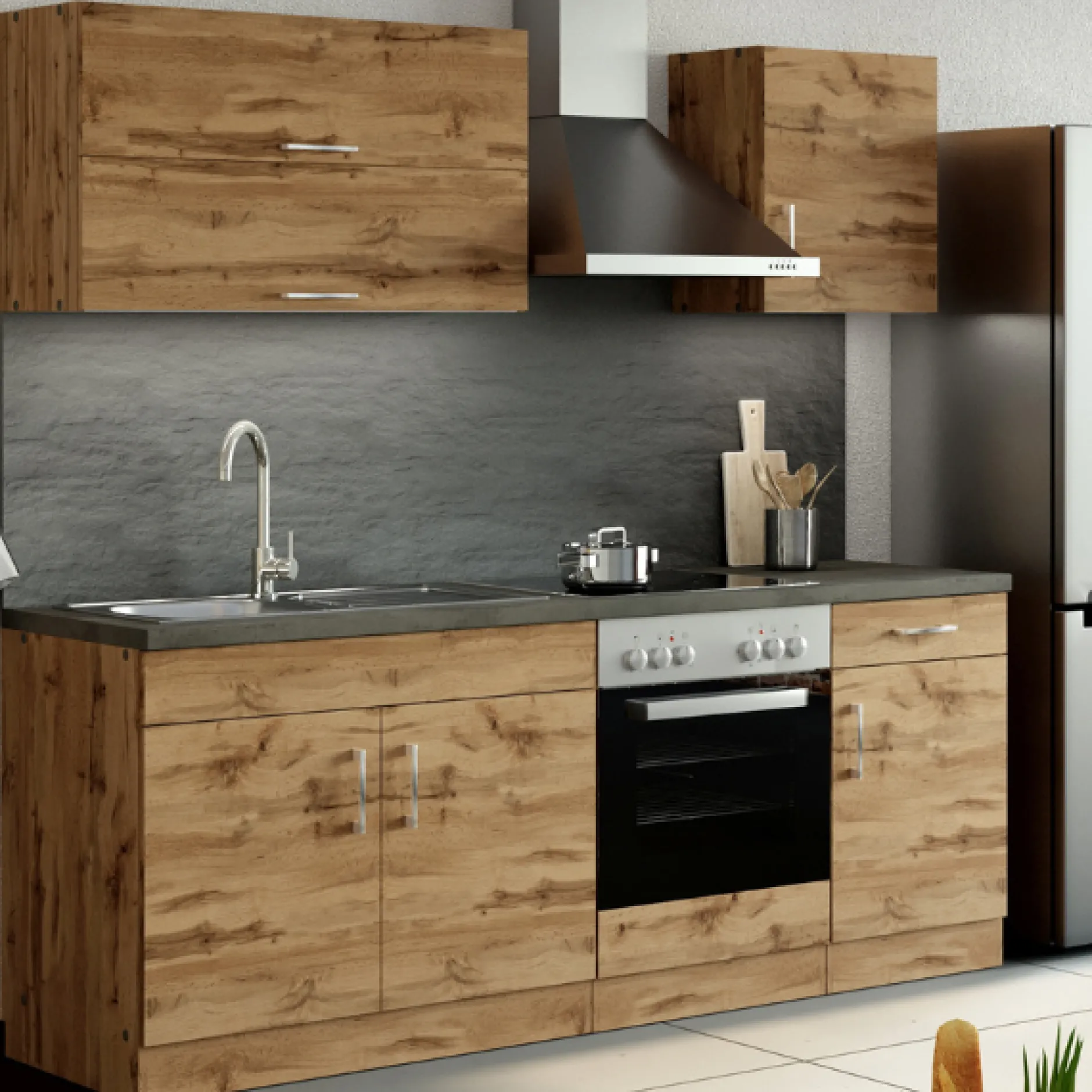 Küchenzeile Sorrella 210cm mit eingebautem Backofen - Eiche