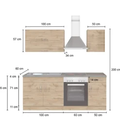 Küchenzeile Sorrella 210cm mit eingebautem Backofen - Eiche/Graphit