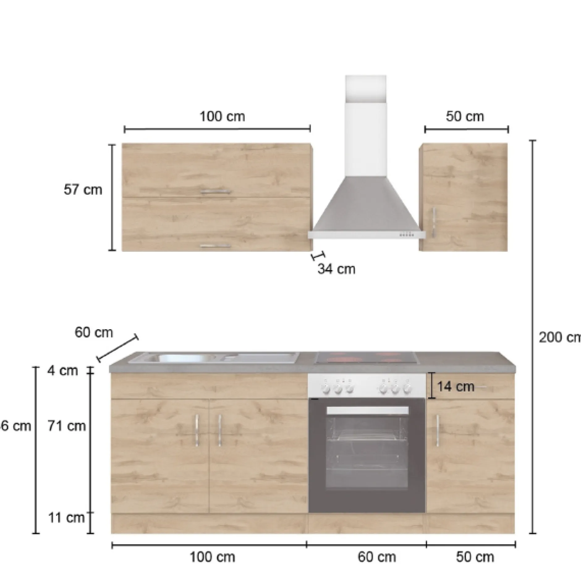 Küchenzeile Sorrella 210cm mit eingebautem Backofen - Eiche/Graphit
