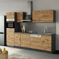 Küchenzeile Sorrella 270cm mit Geschirrspüler, Backofen und Kühlschrank - Eiche/Graphit