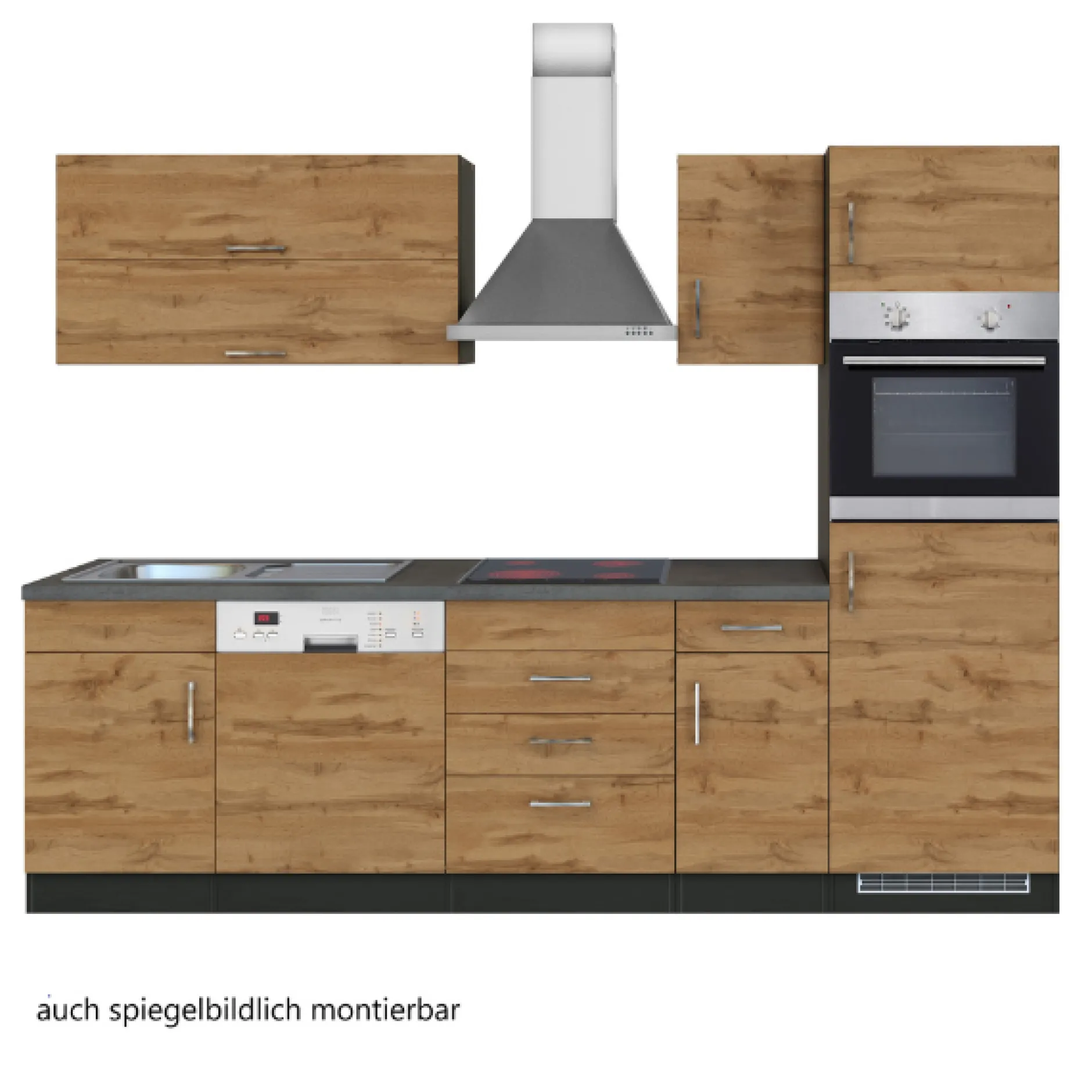 Küchenzeile Sorrella 270cm mit Geschirrspüler, Backofen und Kühlschrank - Eiche/Graphit