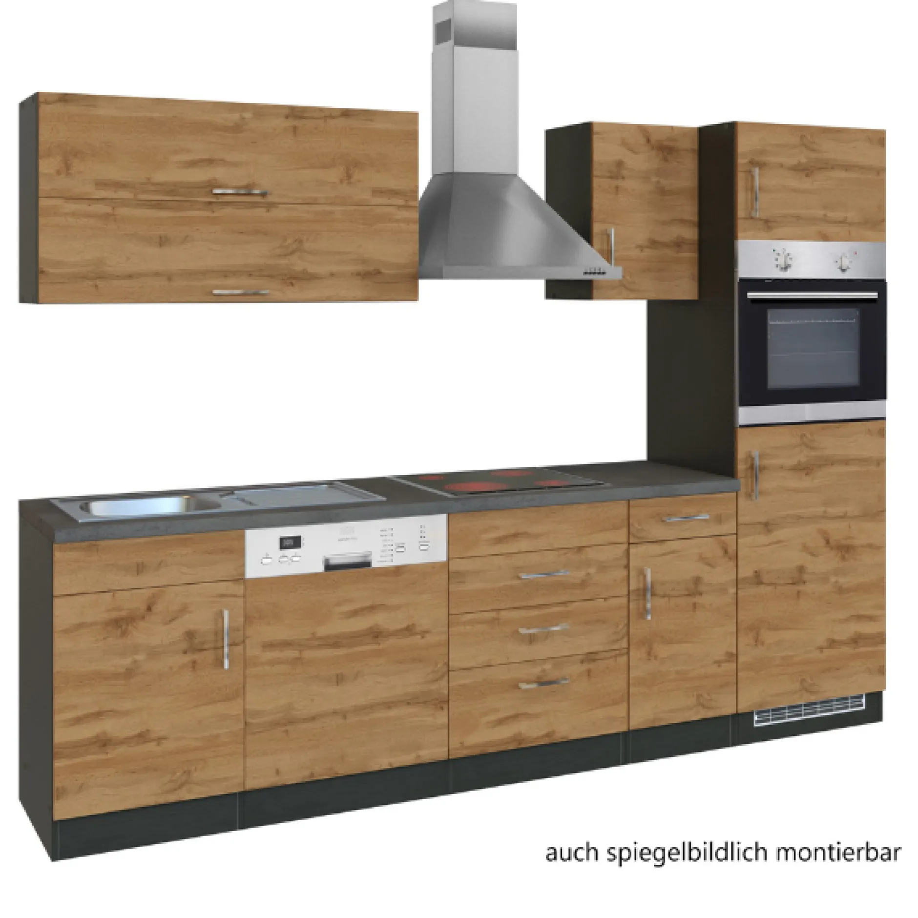 Küchenzeile Sorrella 270cm mit Geschirrspüler, Backofen und Kühlschrank - Eiche/Graphit