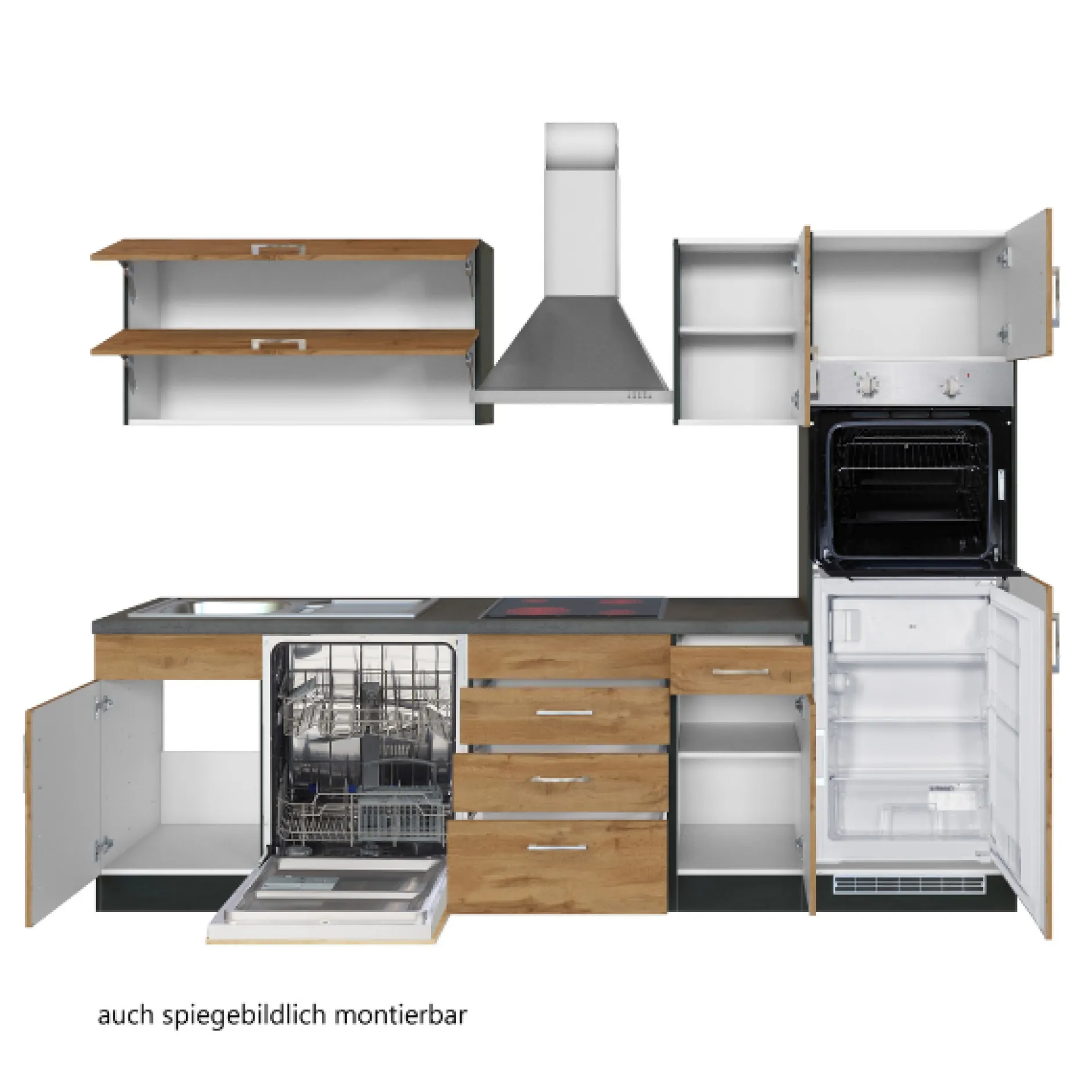 Küchenzeile Sorrella 270cm mit Geschirrspüler, Backofen und Kühlschrank - Eiche/Graphit